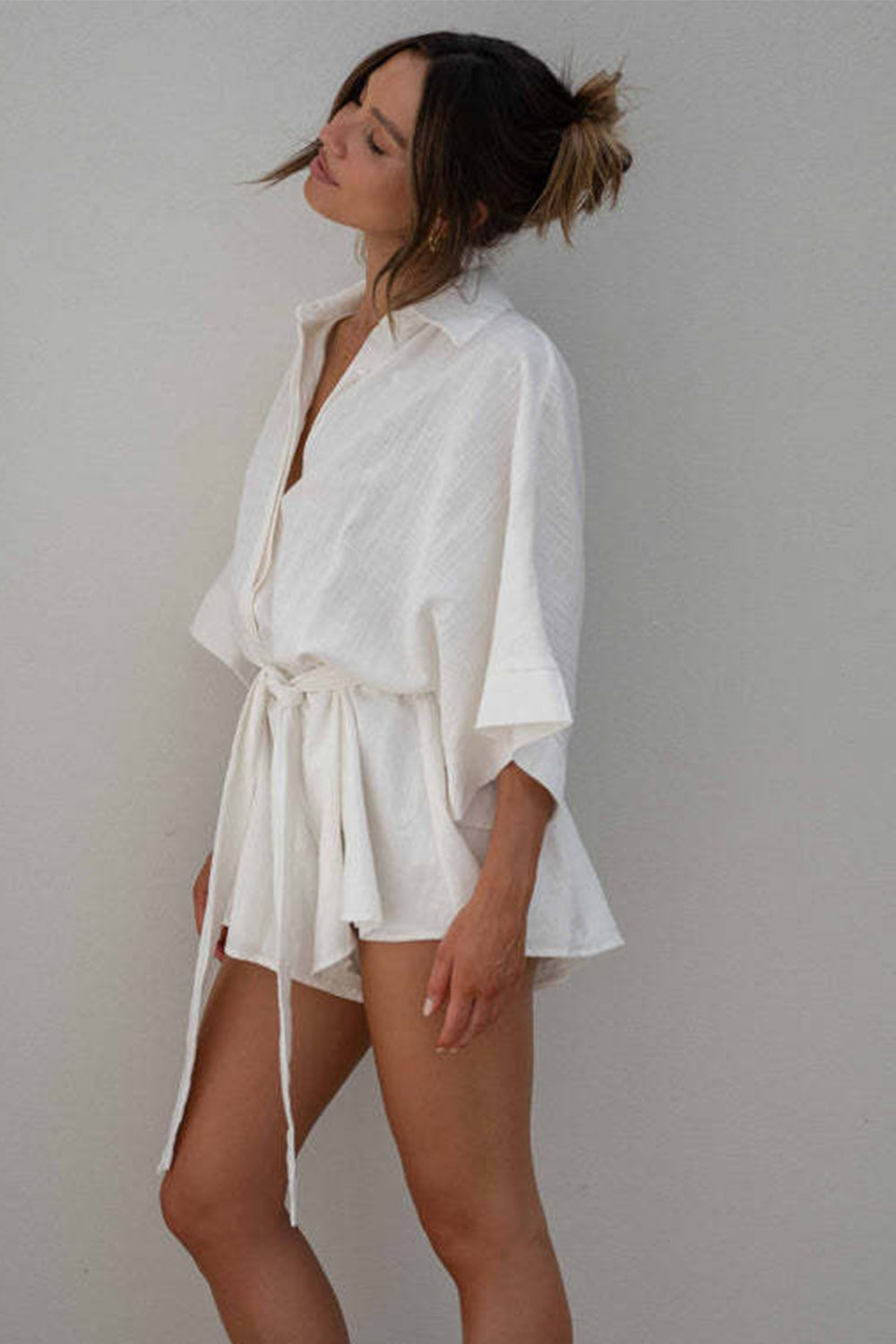 Tied Button Up Collared Neck Romper - Tote and Lounge