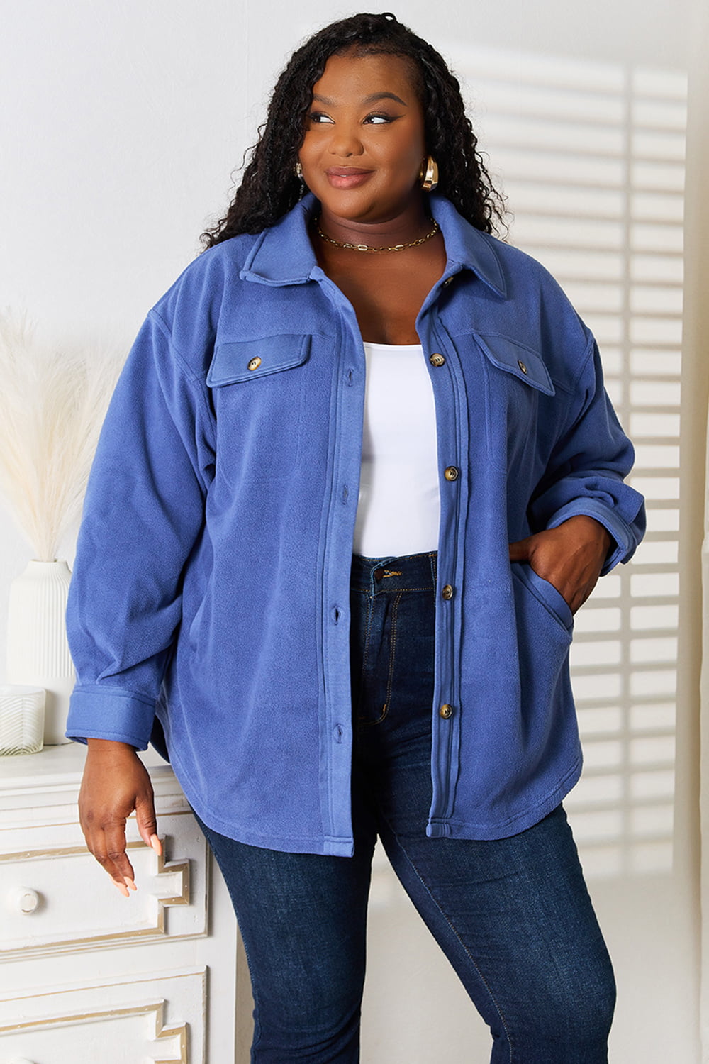 Heimish Cozy Girl Full Size Button Down Shacket - Tote and Lounge