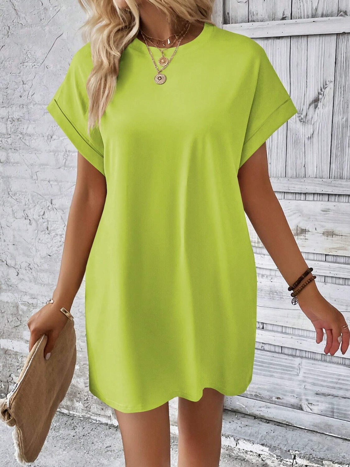 Round Neck Short Sleeve Mini Dress - Tote and Lounge