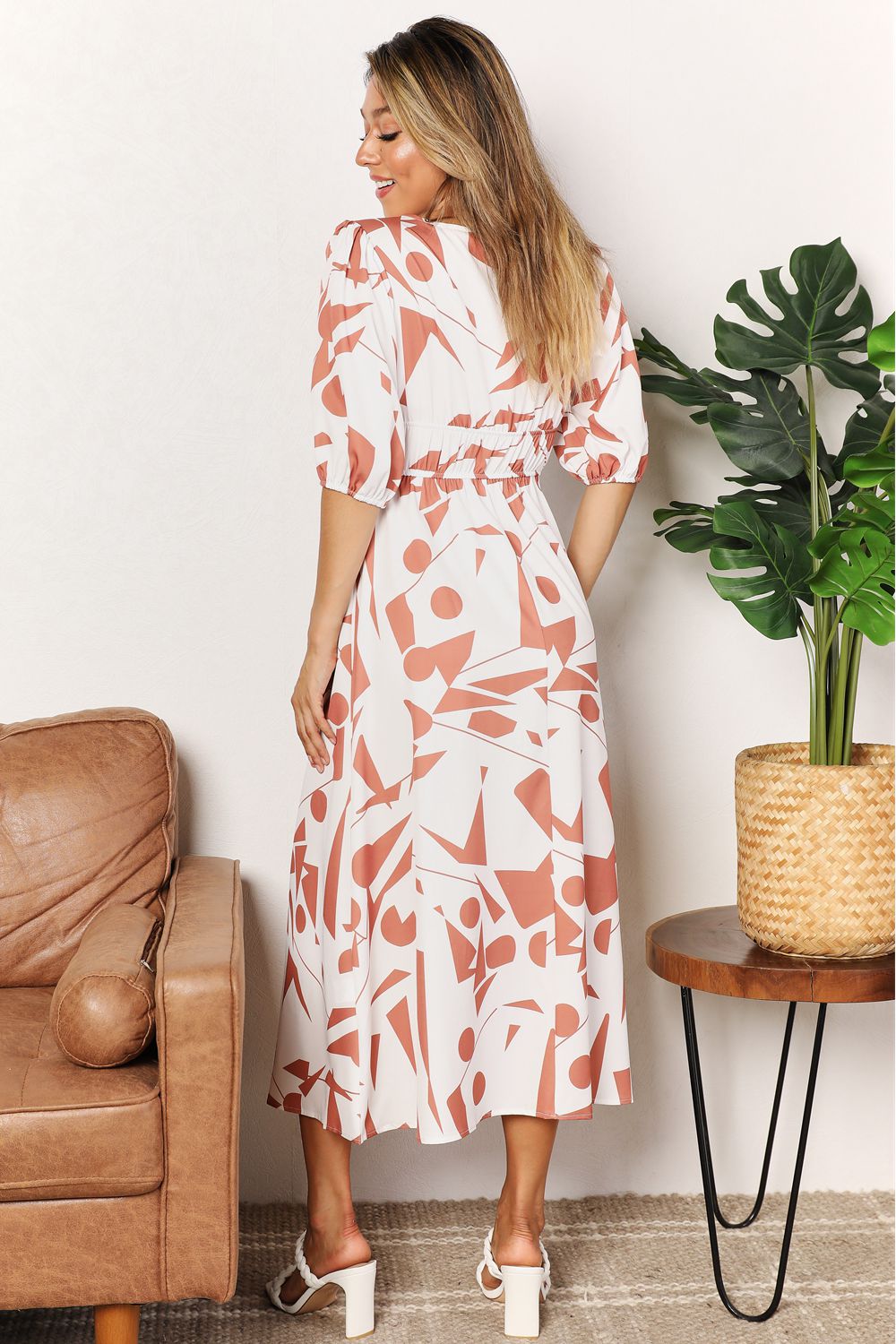 Printed Surplice Balloon Sleeve Dress - Tote and Lounge