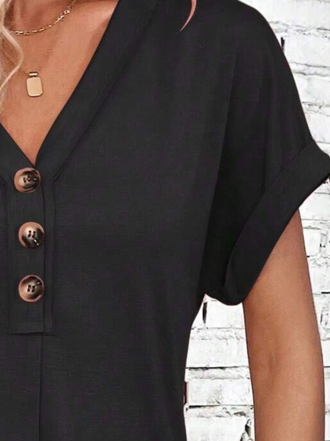 Quarter Button V-Neck Short Sleeve Dress - Tote and Lounge