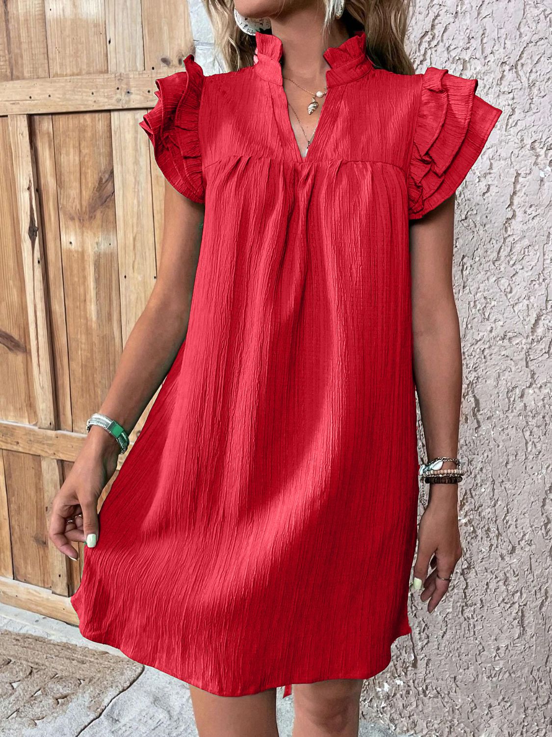 Ruffled Notched Cap Sleeve Mini Dress - Tote and Lounge