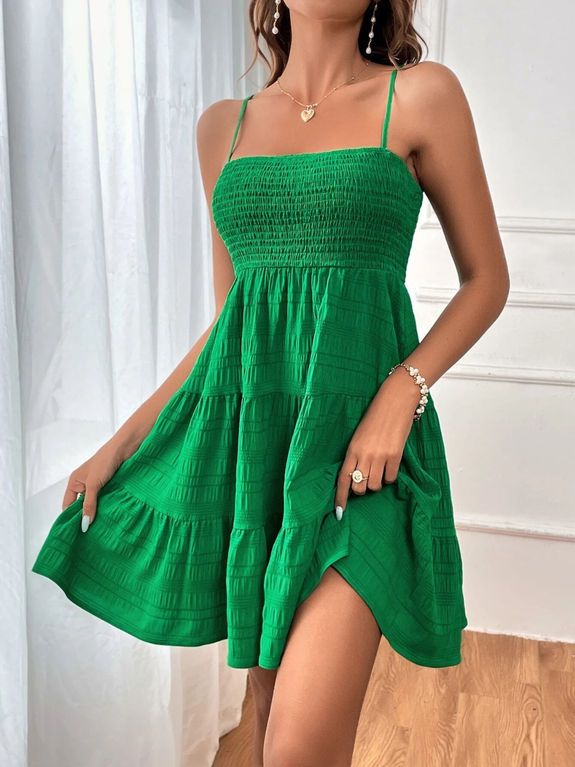Smocked Tiered Sleeveless Mini Dress - Tote and Lounge