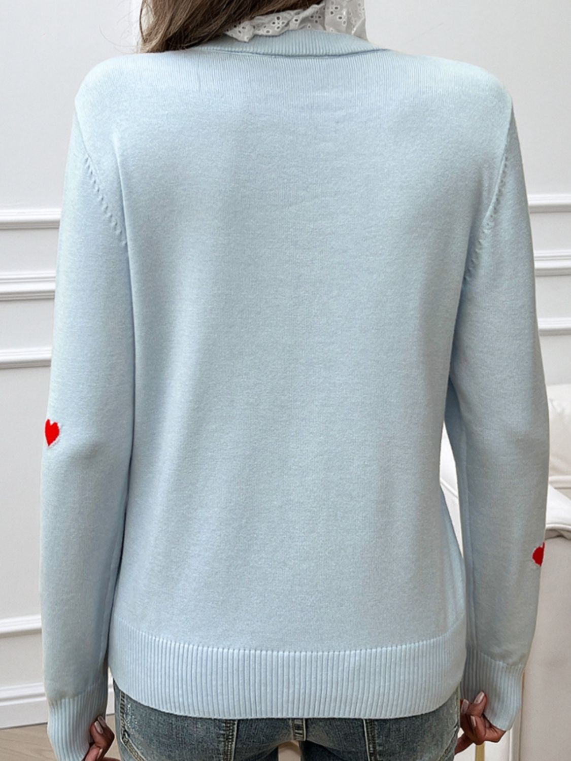 Lace Detail Heart Long Sleeve Sweater - Tote and Lounge