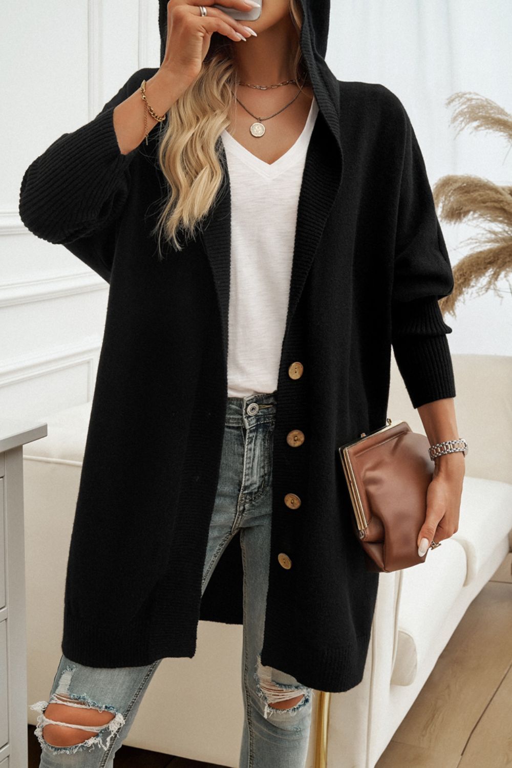 Button Up Long Sleeve Hooded Cardigan - Tote and Lounge