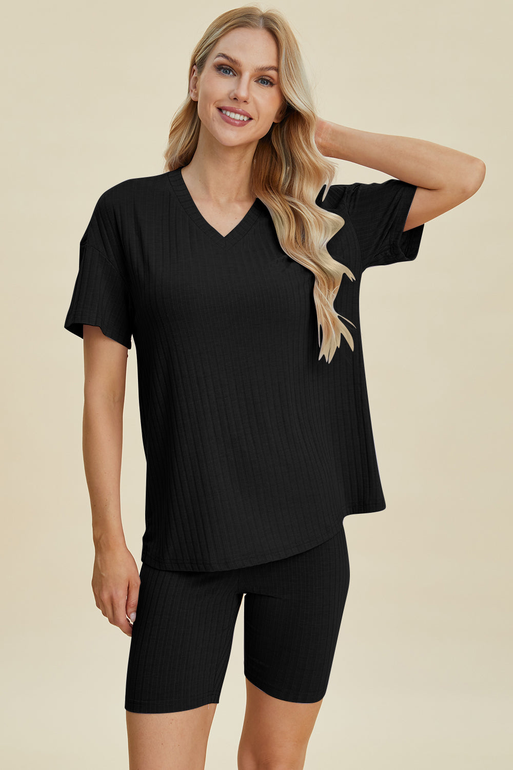 Basic Bae Full Size Ribbed V-Neck Short Sleeve Top and Shorts Set - Tote and Lounge
