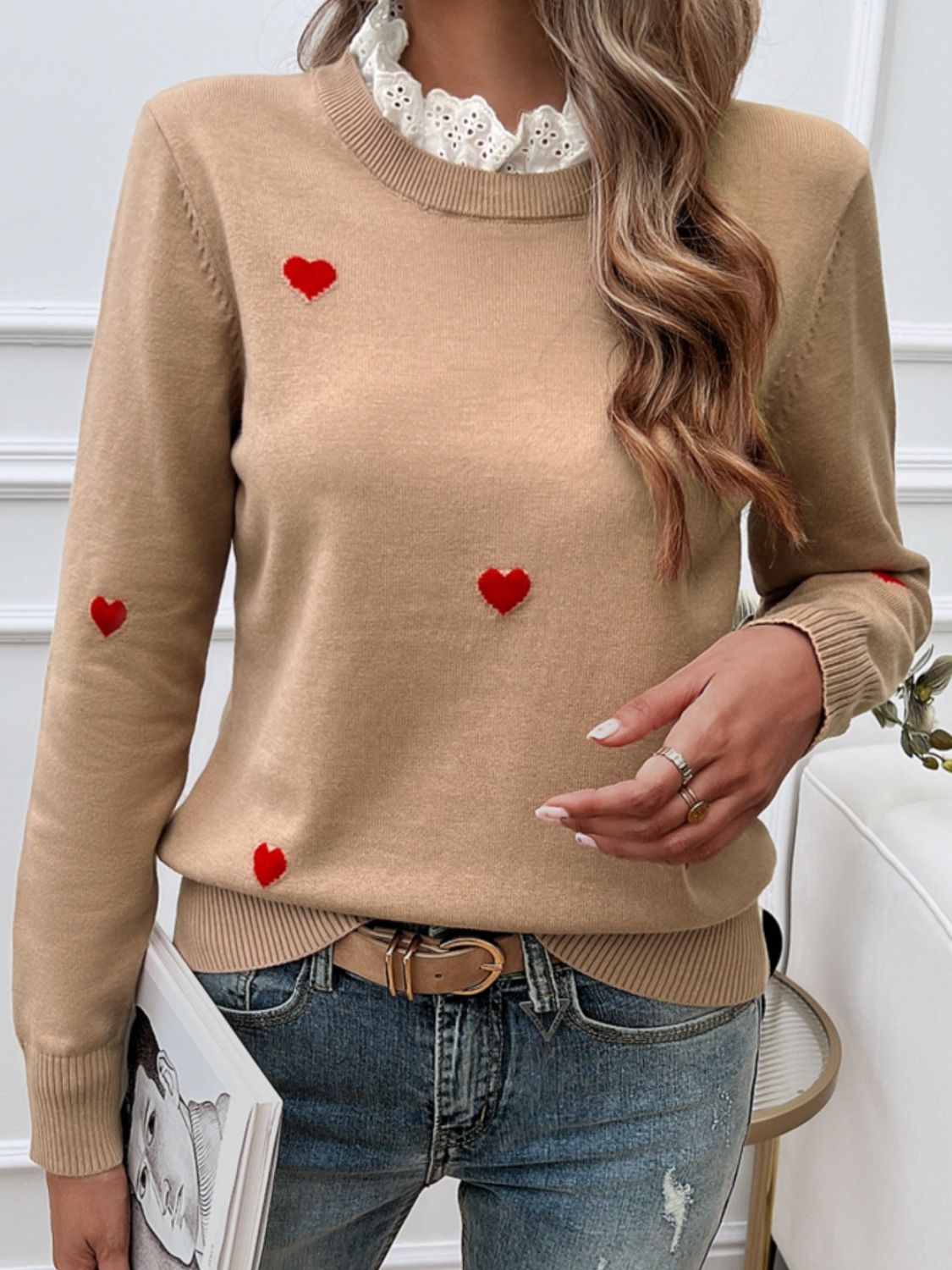 Lace Detail Heart Long Sleeve Sweater - Tote and Lounge