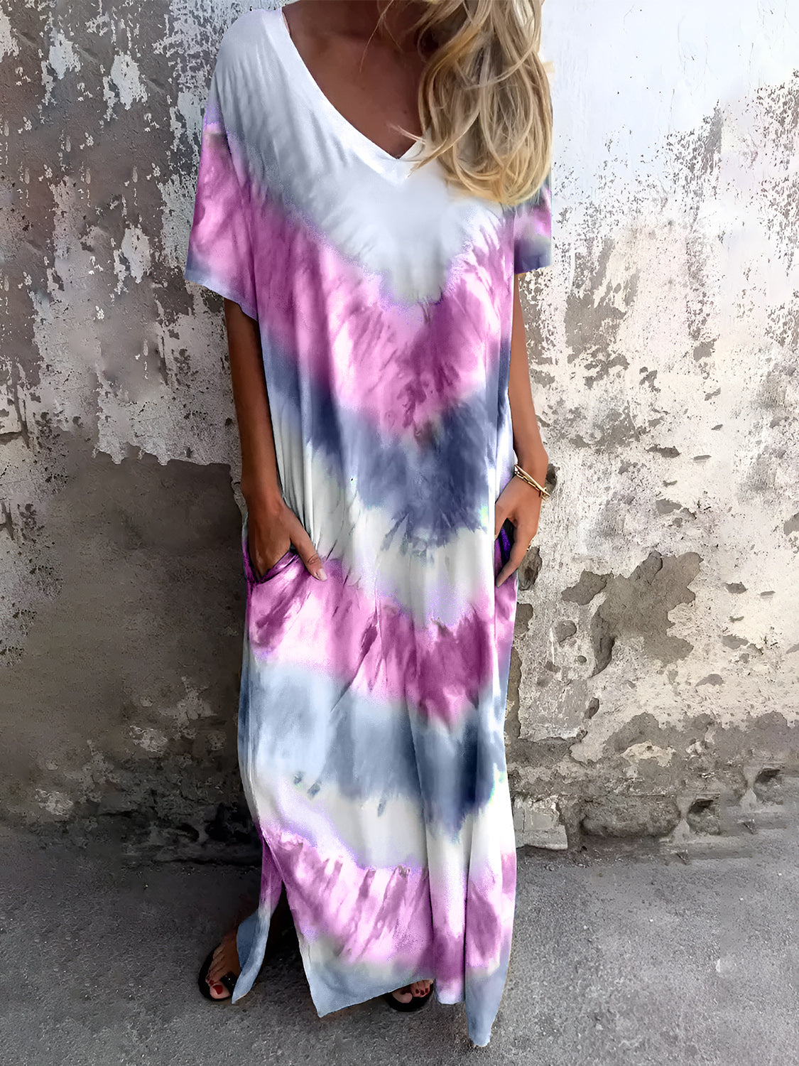 Full Size Pocketed Tie-Dye Short Sleeve Dress - Tote and Lounge