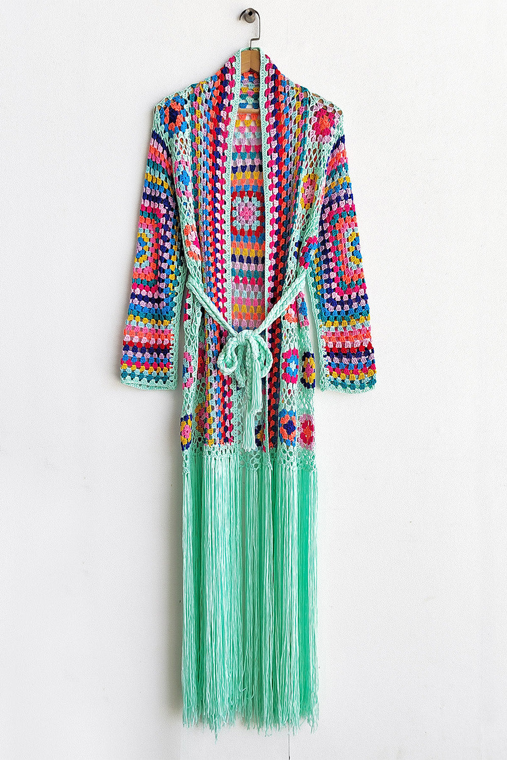Fringe Tied Long Sleeve Cardigan - Tote and Lounge