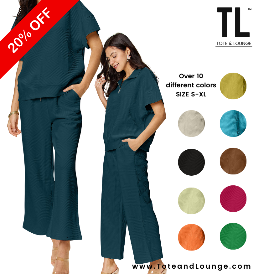 Double Take Full Size Texture Half Zip Short Sleeve Top and Pants Set