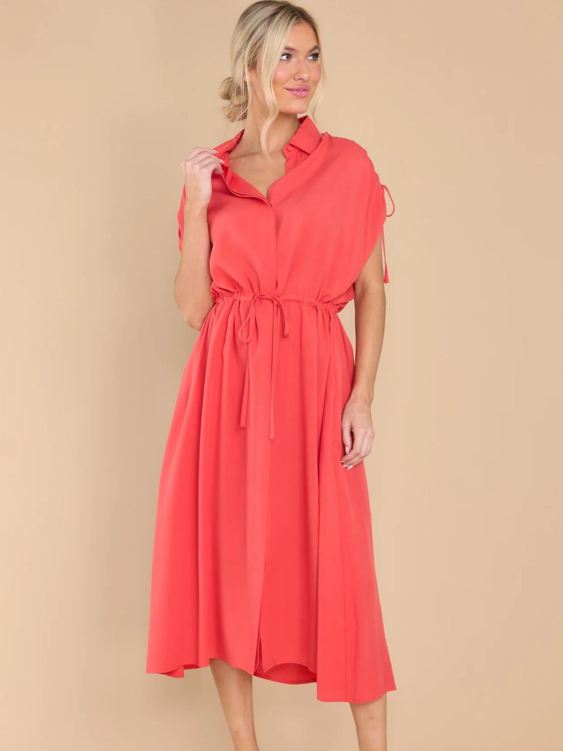 Drawstring Collared Neck Short Sleeve Midi Dress - Tote and Lounge