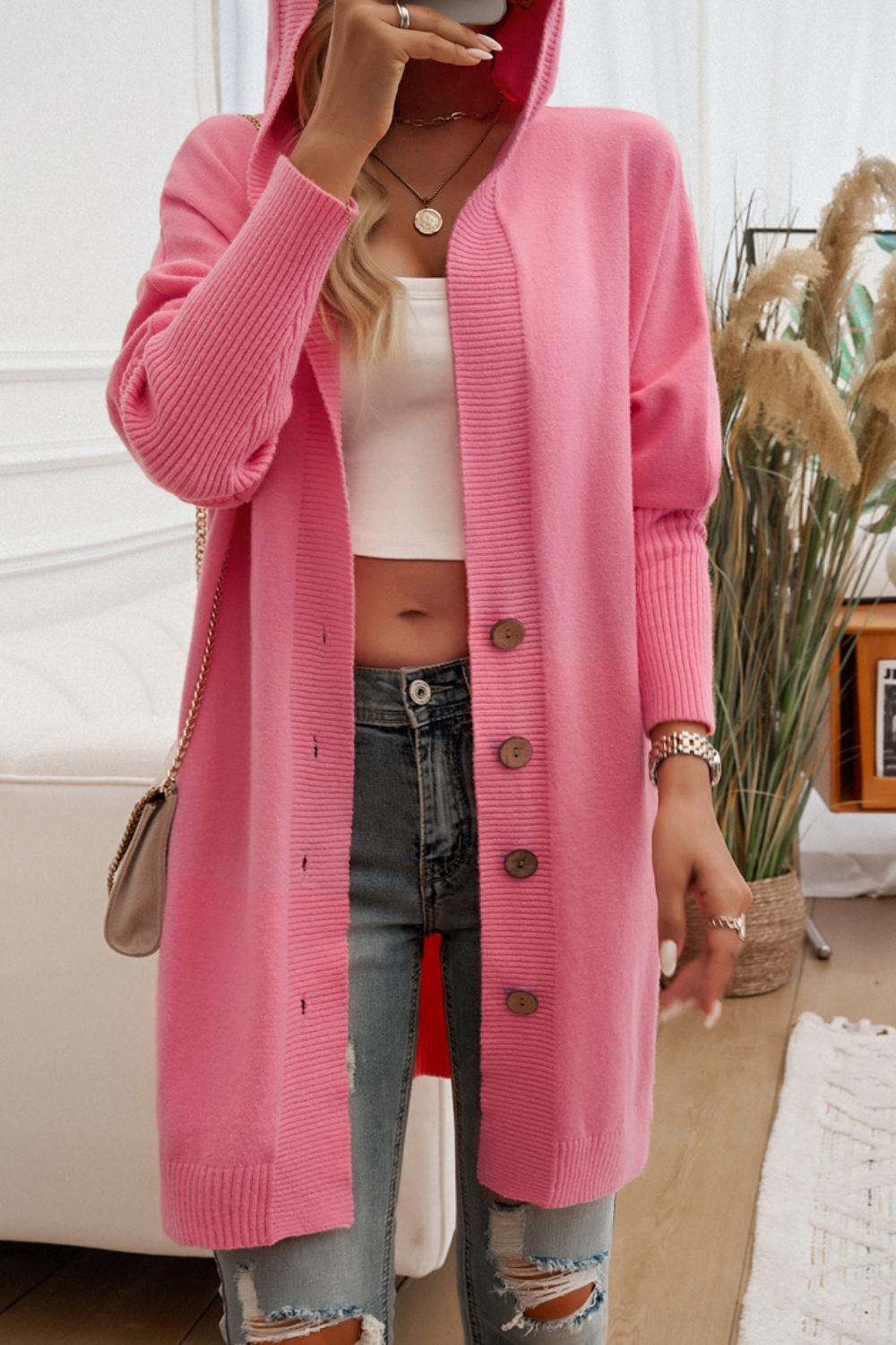 Button Up Long Sleeve Hooded Cardigan - Tote and Lounge