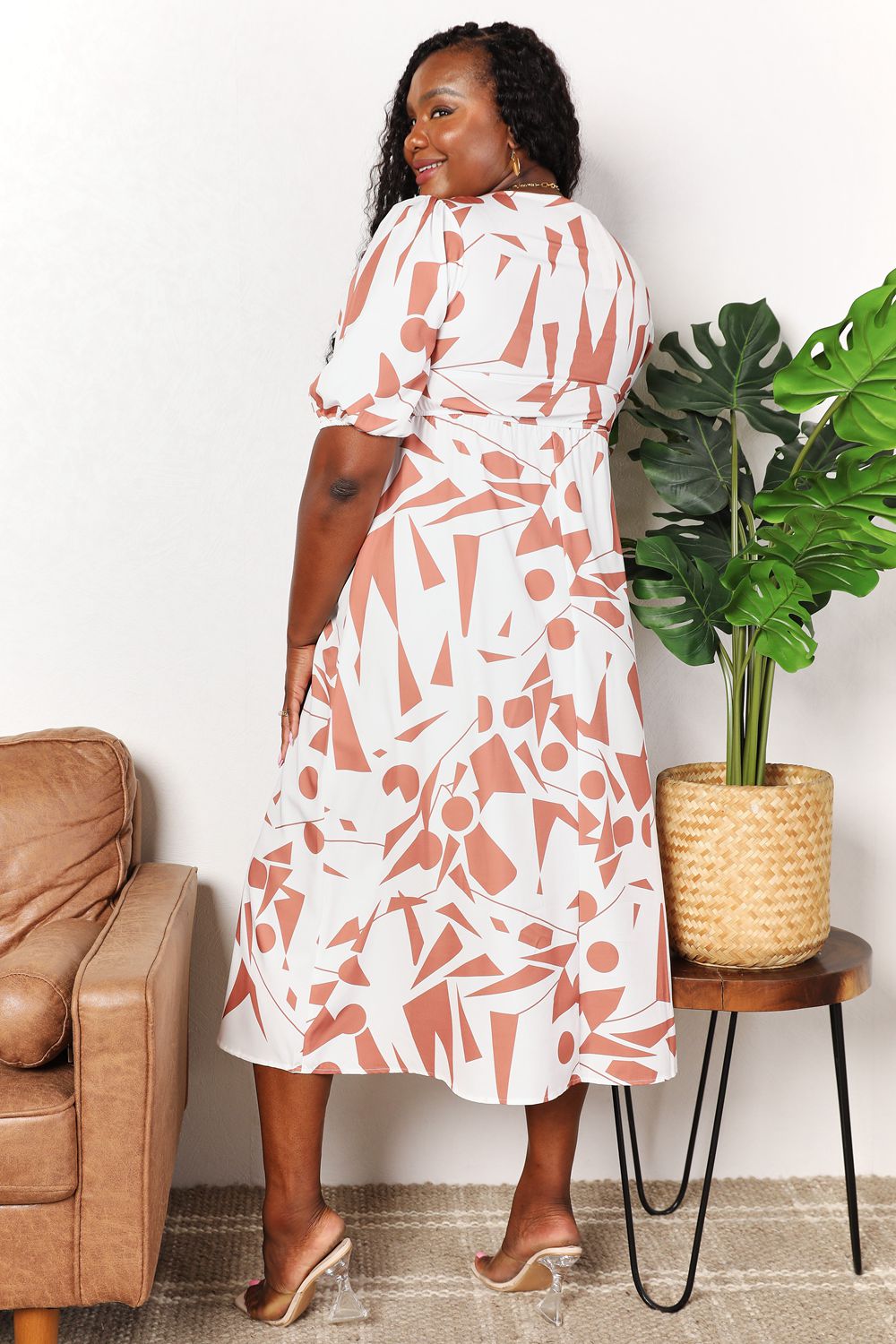 Printed Surplice Balloon Sleeve Dress - Tote and Lounge