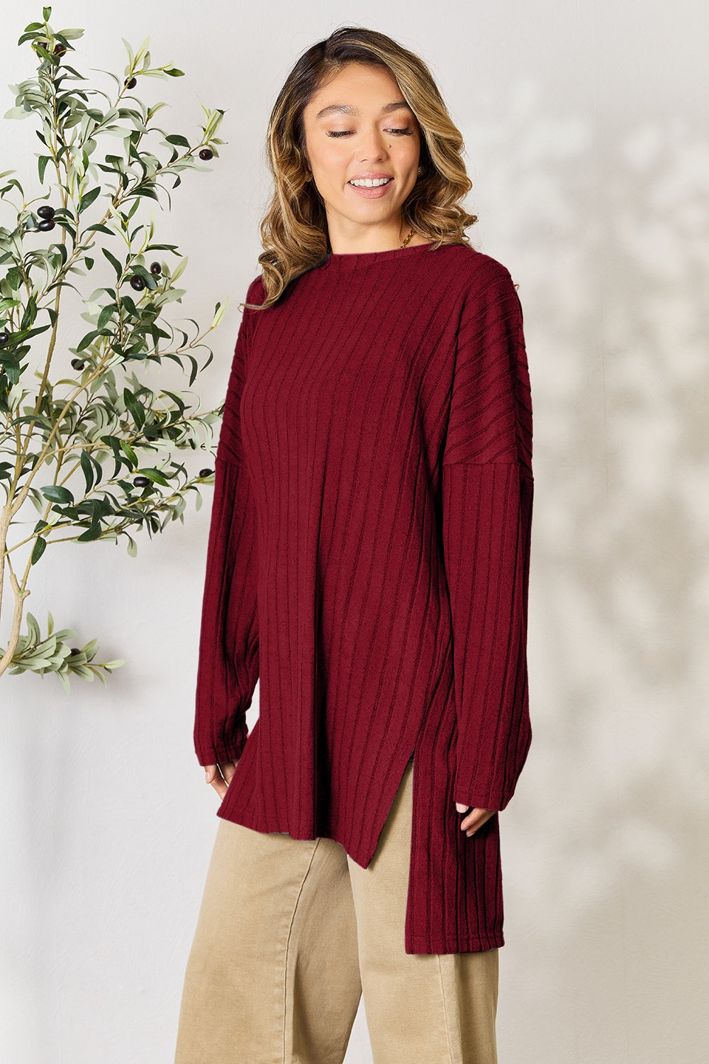 Basic Bae Full Size Ribbed Round Neck Long Sleeve Slit Top - Tote and Lounge