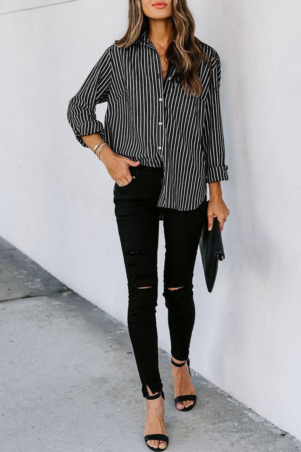 Striped Button Up Long Sleeve Shirt - Tote and Lounge