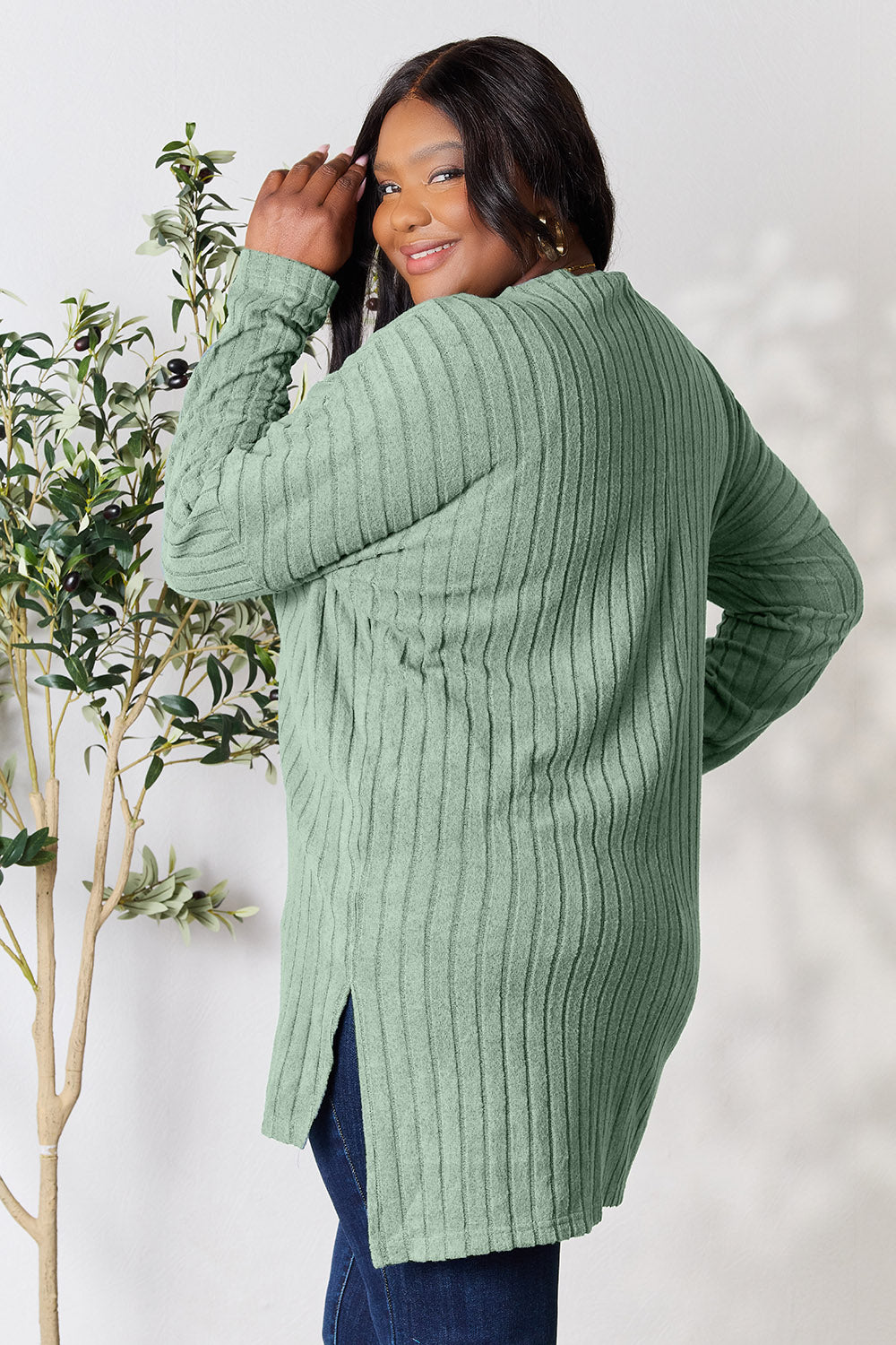 Basic Bae Full Size Ribbed Round Neck Long Sleeve Slit Top - Tote and Lounge