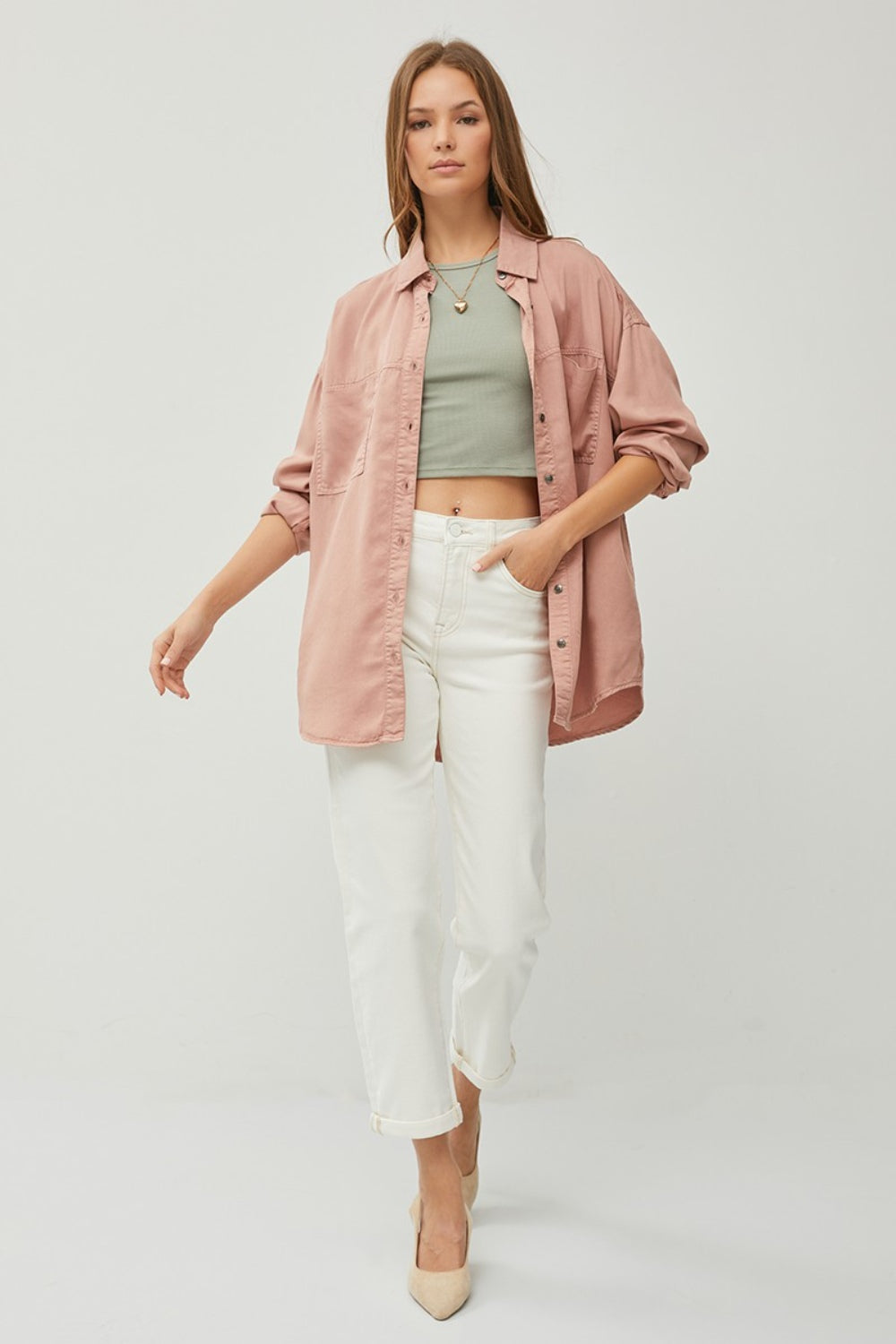 RISEN Full Size Button Up Long Sleeve Denim Shirt - Tote and Lounge