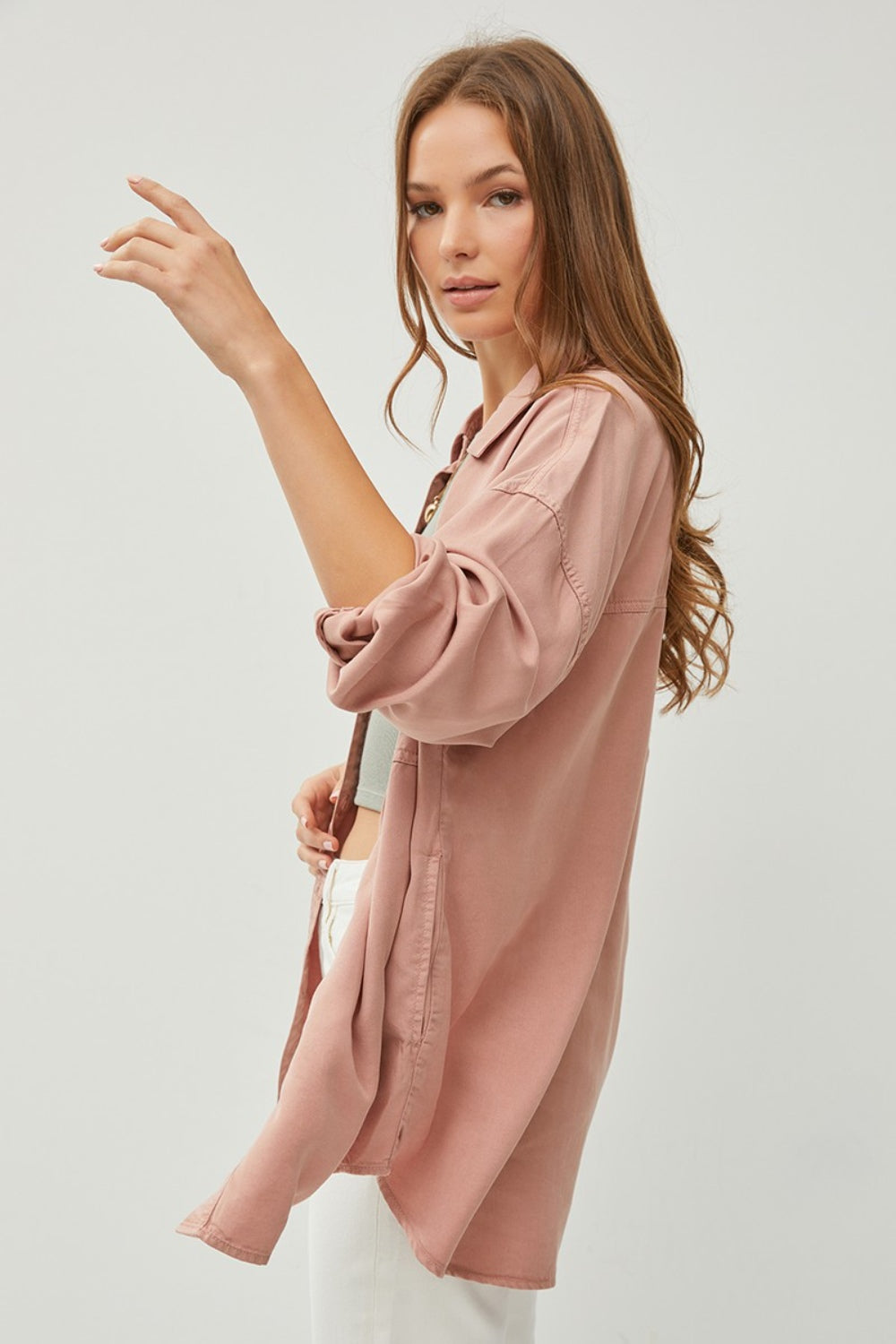 RISEN Full Size Button Up Long Sleeve Denim Shirt - Tote and Lounge