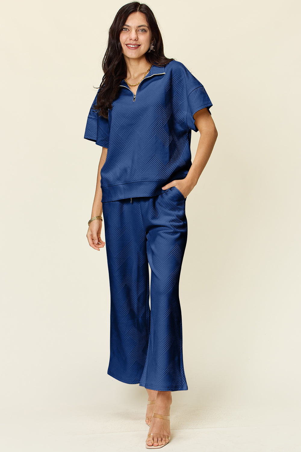 Double Take Full Size Texture Half Zip Short Sleeve Top and Pants Set - Tote and Lounge