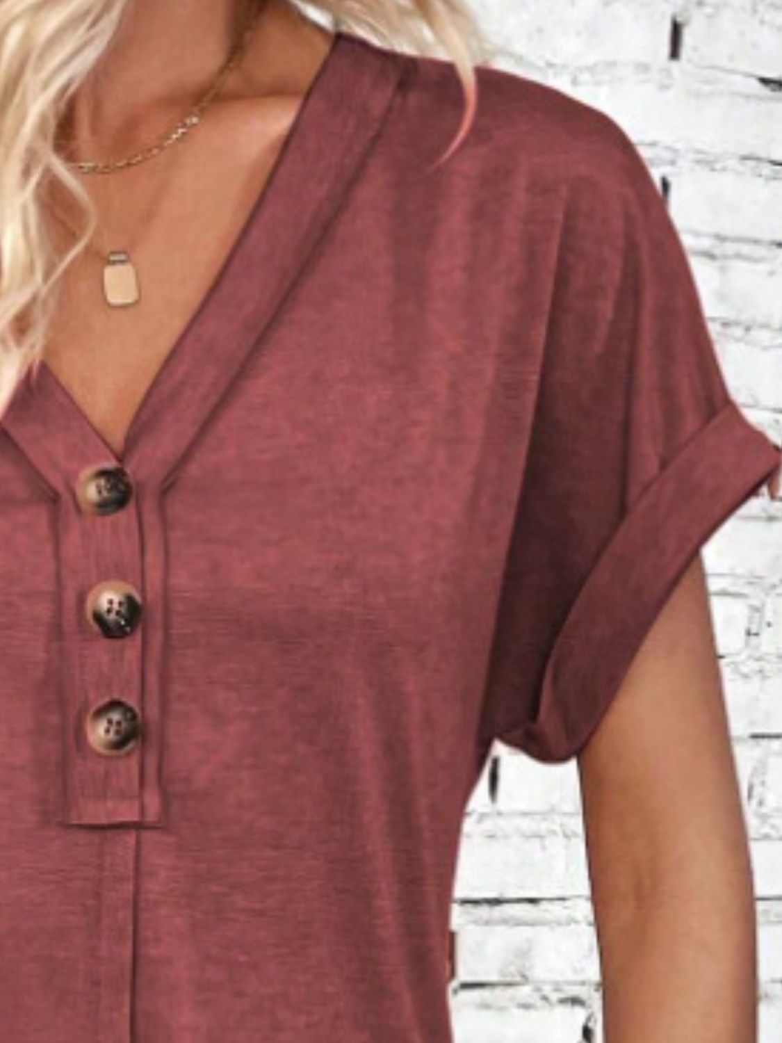 Quarter Button V-Neck Short Sleeve Dress - Tote and Lounge