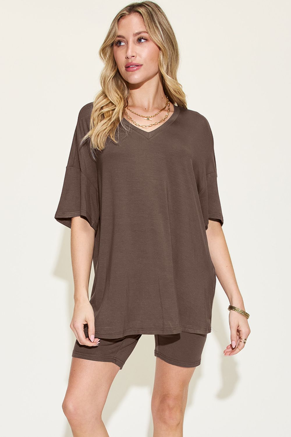 Basic Bae Full Size V-Neck Drop Shoulder T-Shirt and Shorts Set - Tote and Lounge