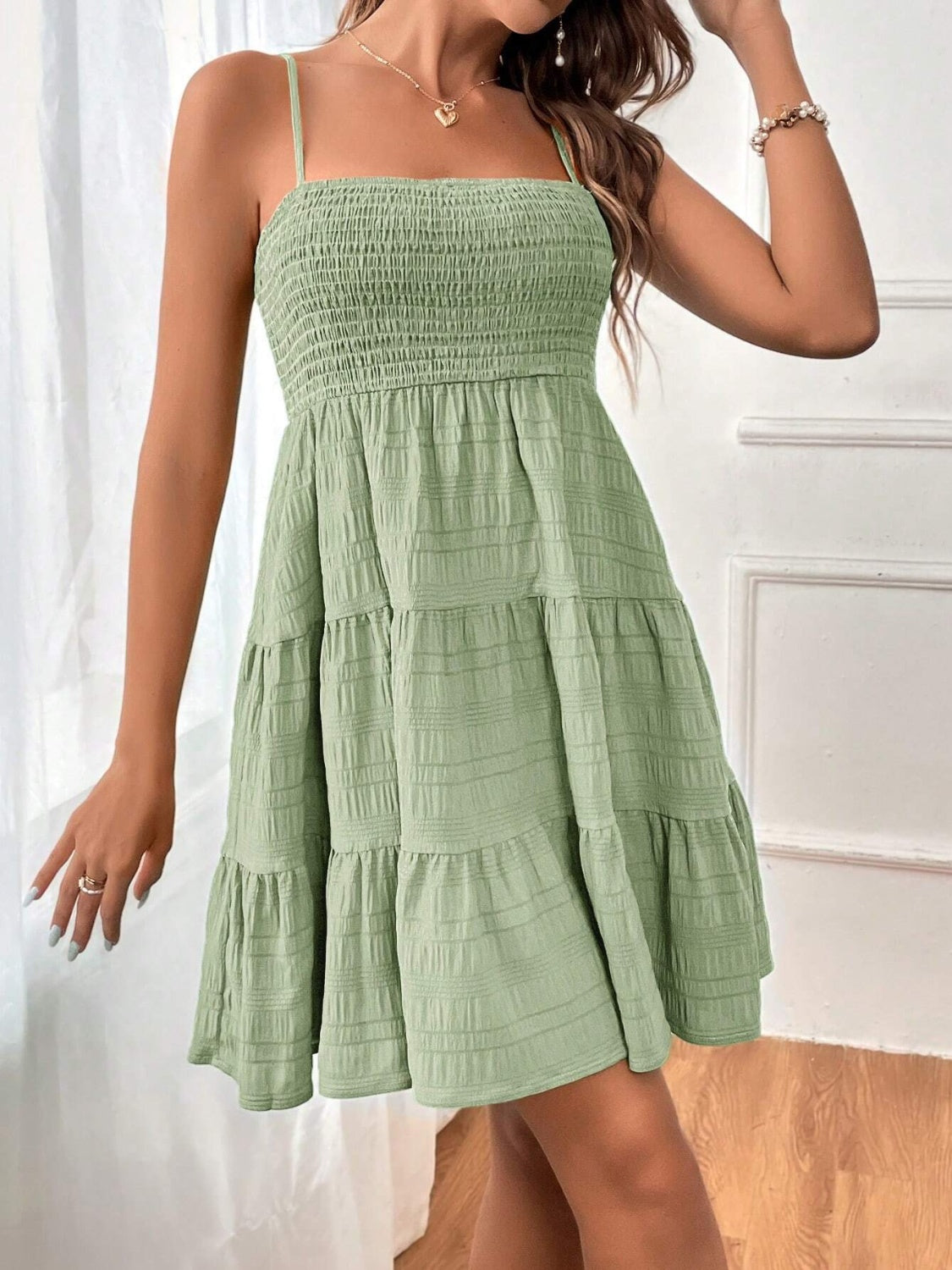 Smocked Tiered Sleeveless Mini Dress - Tote and Lounge