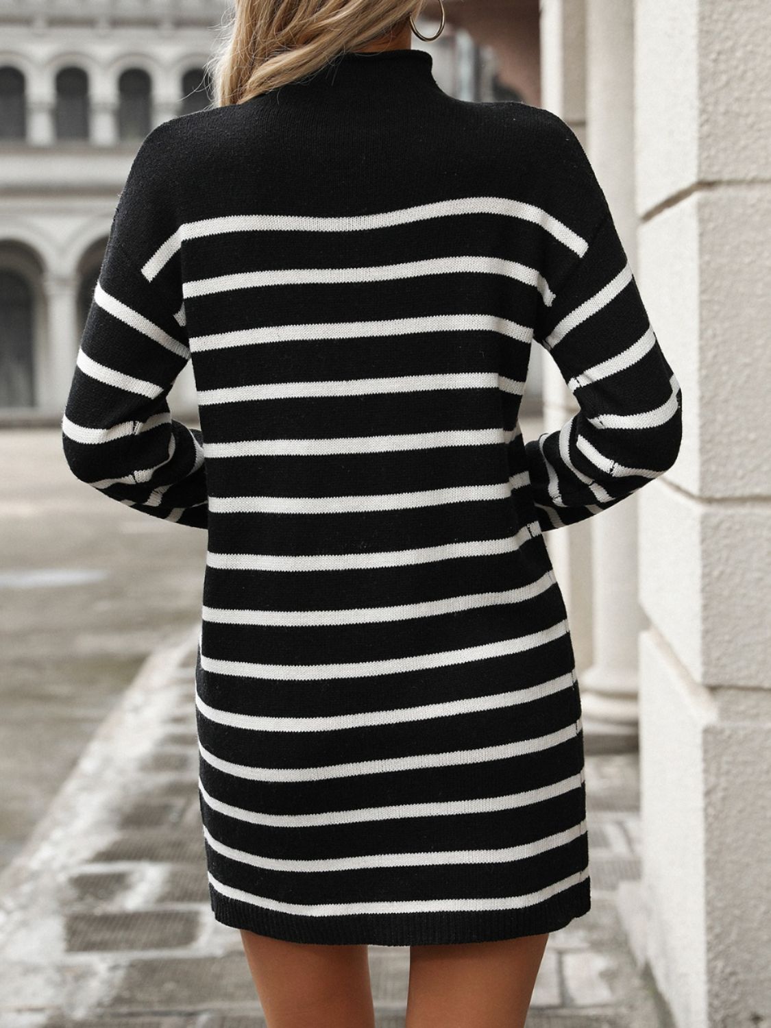 Striped Mock Neck Long Sleeve Mini Dress - Tote and Lounge