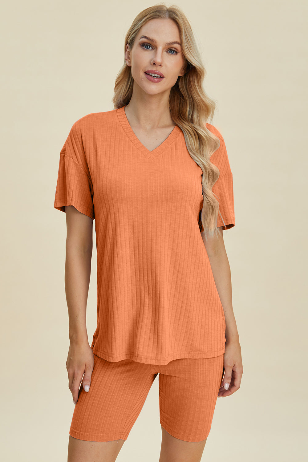Basic Bae Full Size Ribbed V-Neck Short Sleeve Top and Shorts Set - Tote and Lounge