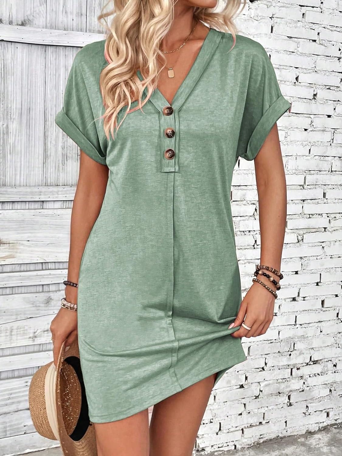 Quarter Button V-Neck Short Sleeve Dress - Tote and Lounge