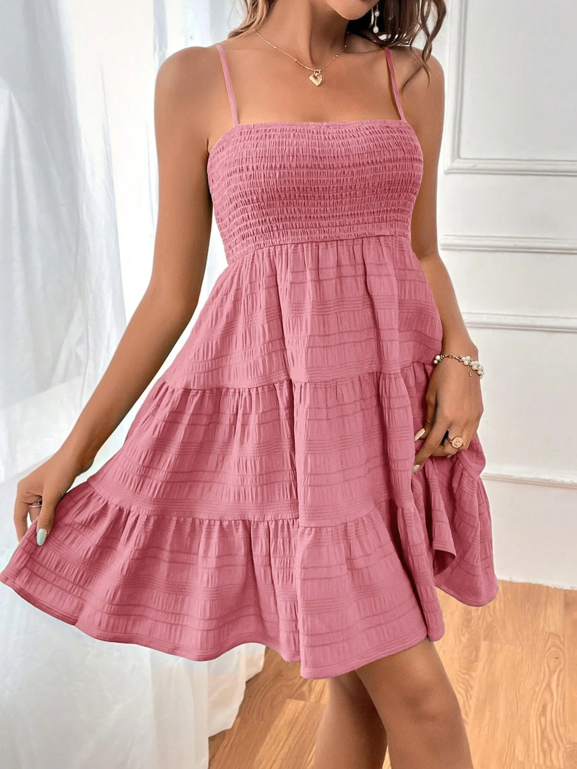 Smocked Tiered Sleeveless Mini Dress - Tote and Lounge