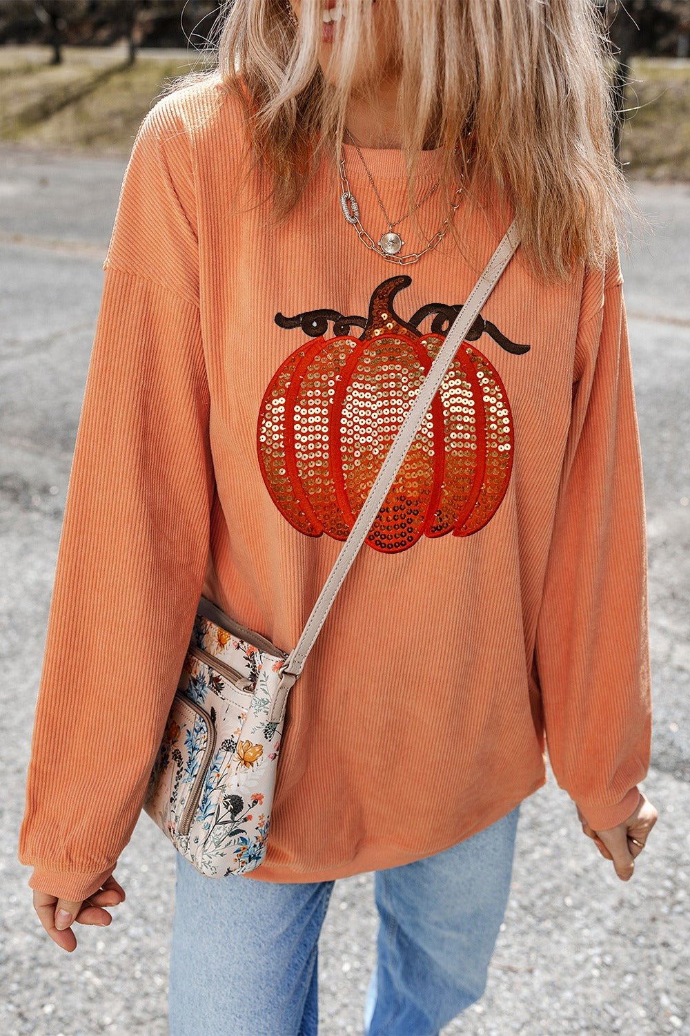 Sequin Pumpkin Round Neck Long Sleeve Sweatshirt - Tote and Lounge