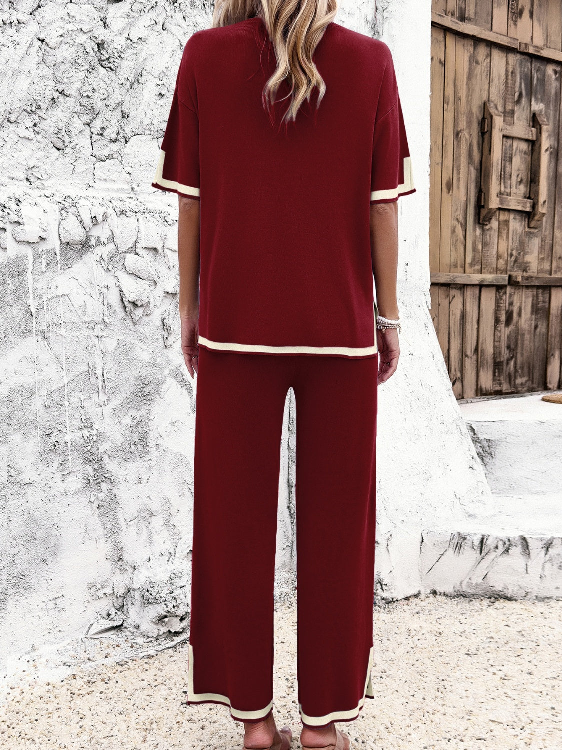 Contrast Trim Round Neck Top and Pants Set - Tote and Lounge