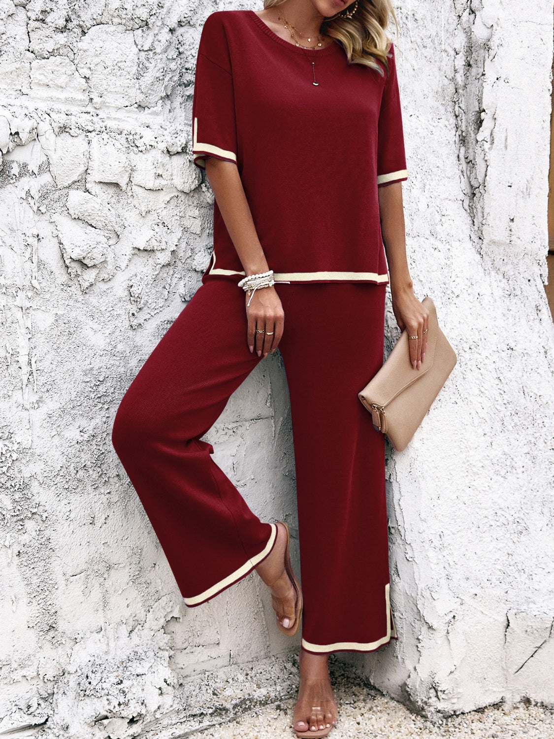 Contrast Trim Round Neck Top and Pants Set - Tote and Lounge