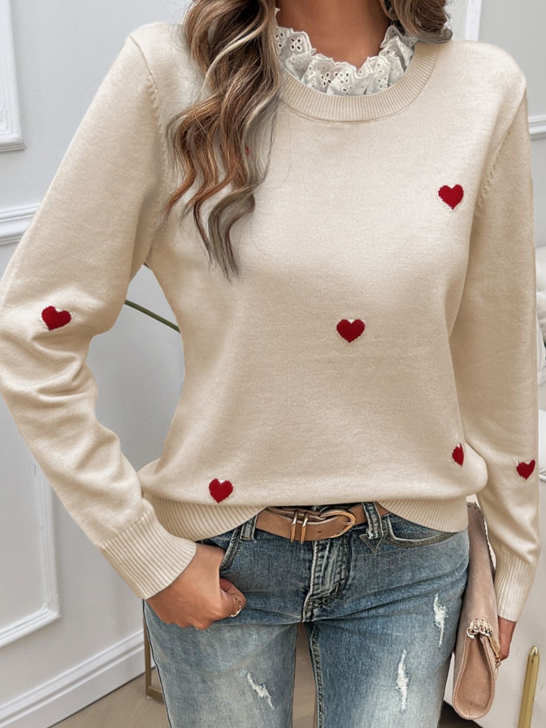 Lace Detail Heart Long Sleeve Sweater - Tote and Lounge