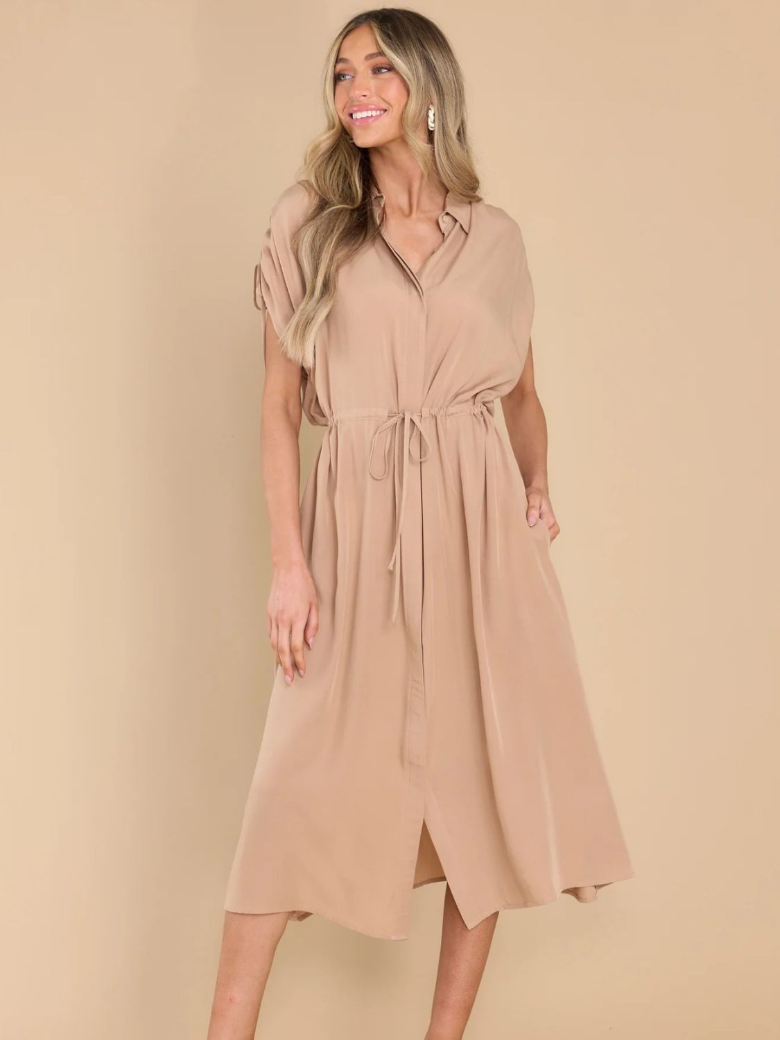 Drawstring Collared Neck Short Sleeve Midi Dress - Tote and Lounge