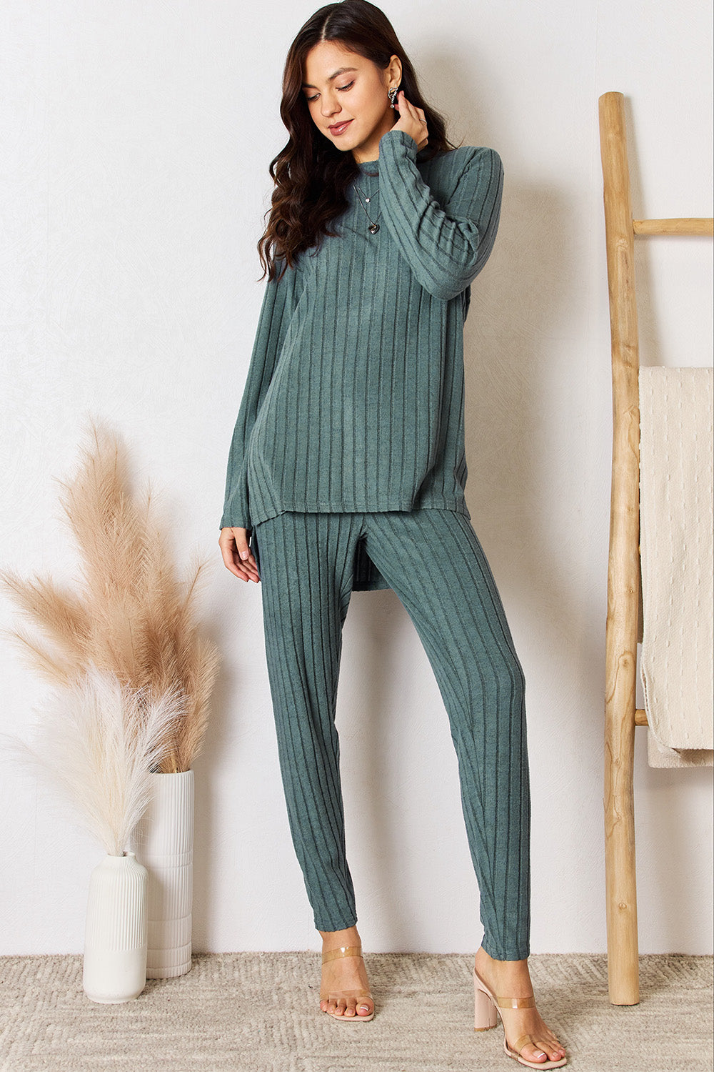 Basic Bae Full Size Ribbed Round Neck High-Low Slit Top and Pants Set - Tote and Lounge