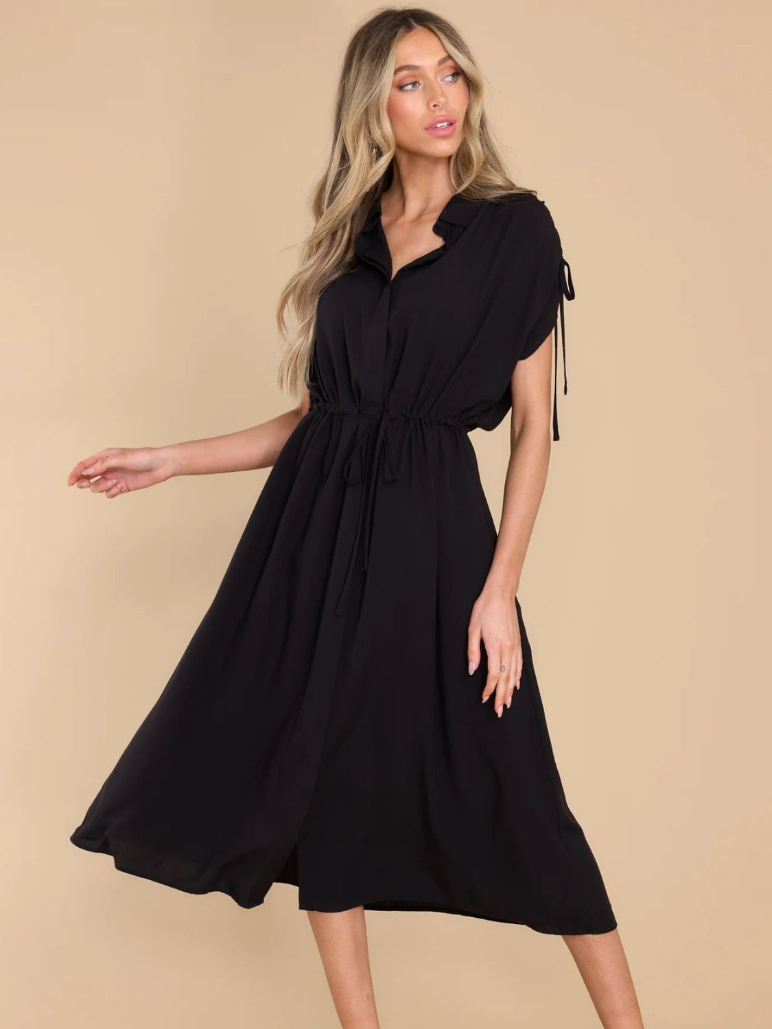 Drawstring Collared Neck Short Sleeve Midi Dress - Tote and Lounge