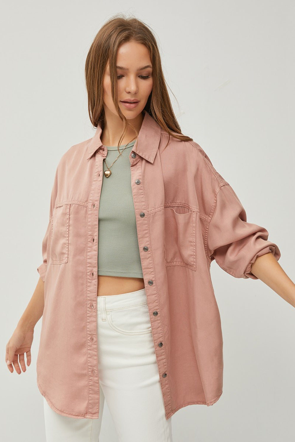 RISEN Full Size Button Up Long Sleeve Denim Shirt - Tote and Lounge