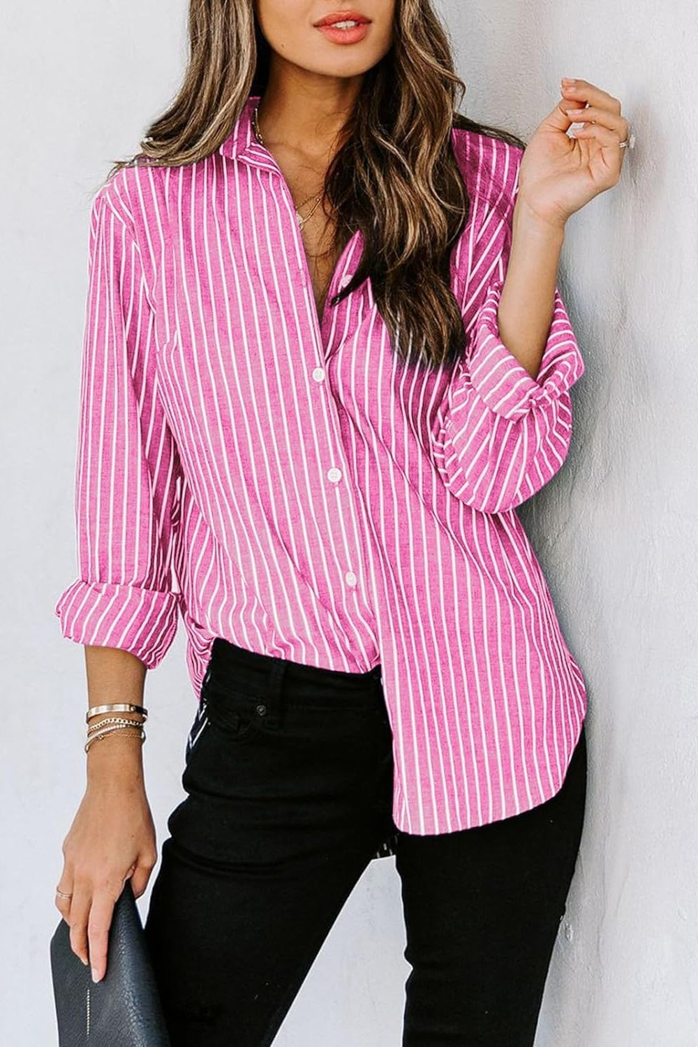 Striped Button Up Long Sleeve Shirt - Tote and Lounge