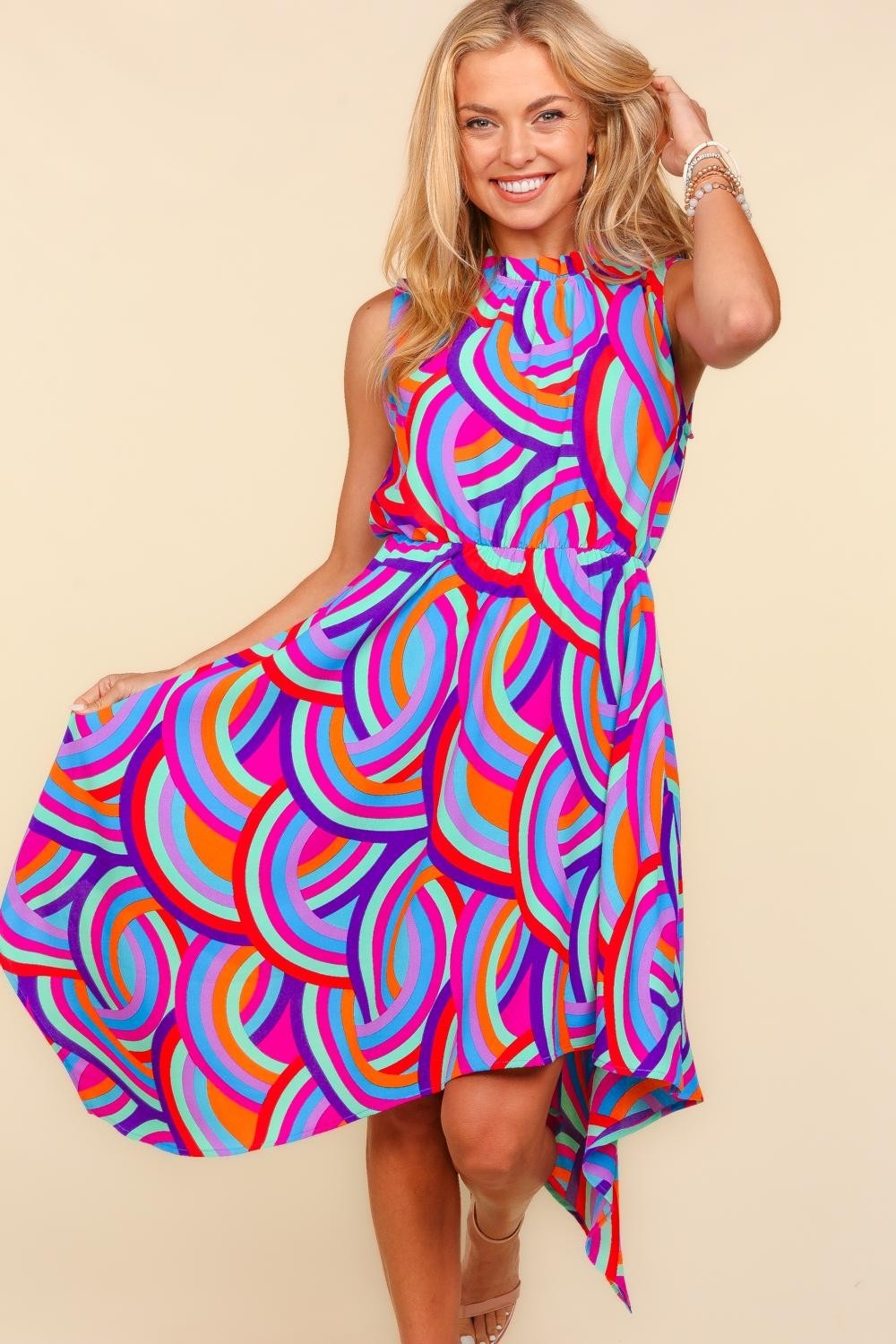 Haptics Full Size Mock Neck Sleeveless Printed Dress - Tote and Lounge