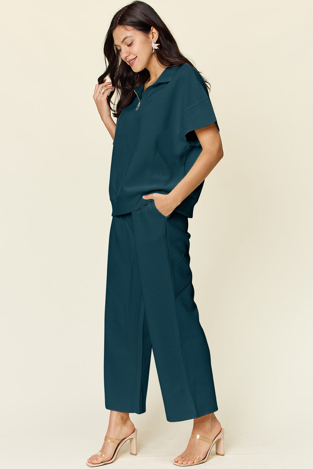 Double Take Full Size Texture Half Zip Short Sleeve Top and Pants Set - Tote and Lounge