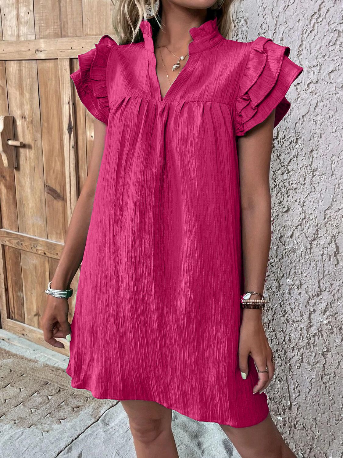Ruffled Notched Cap Sleeve Mini Dress - Tote and Lounge