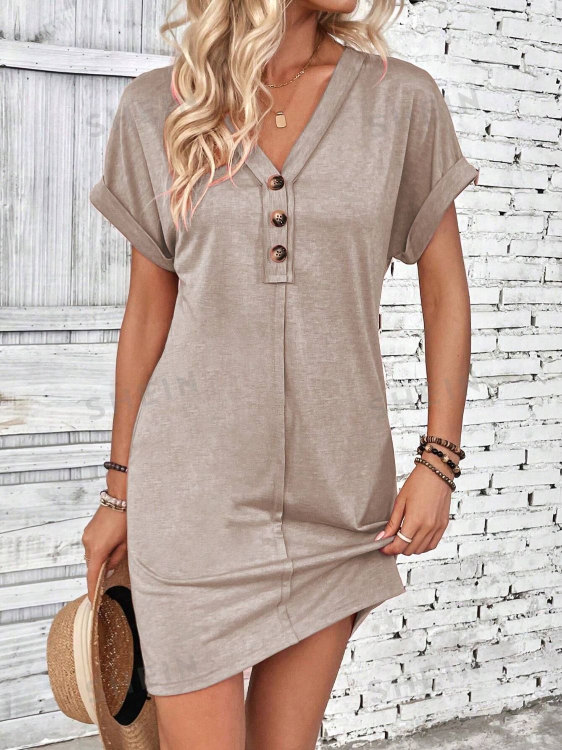 Quarter Button V-Neck Short Sleeve Dress - Tote and Lounge