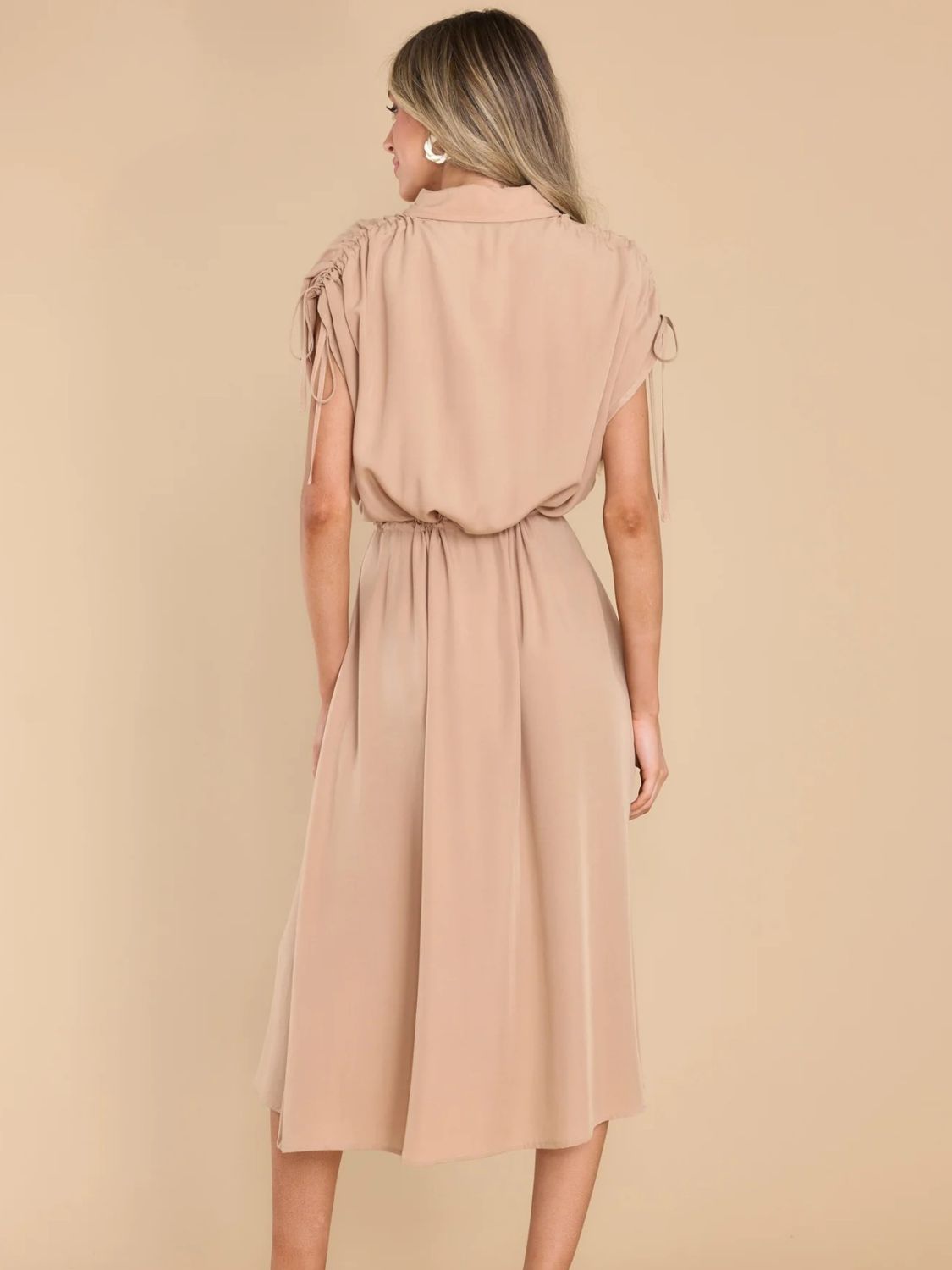 Drawstring Collared Neck Short Sleeve Midi Dress - Tote and Lounge