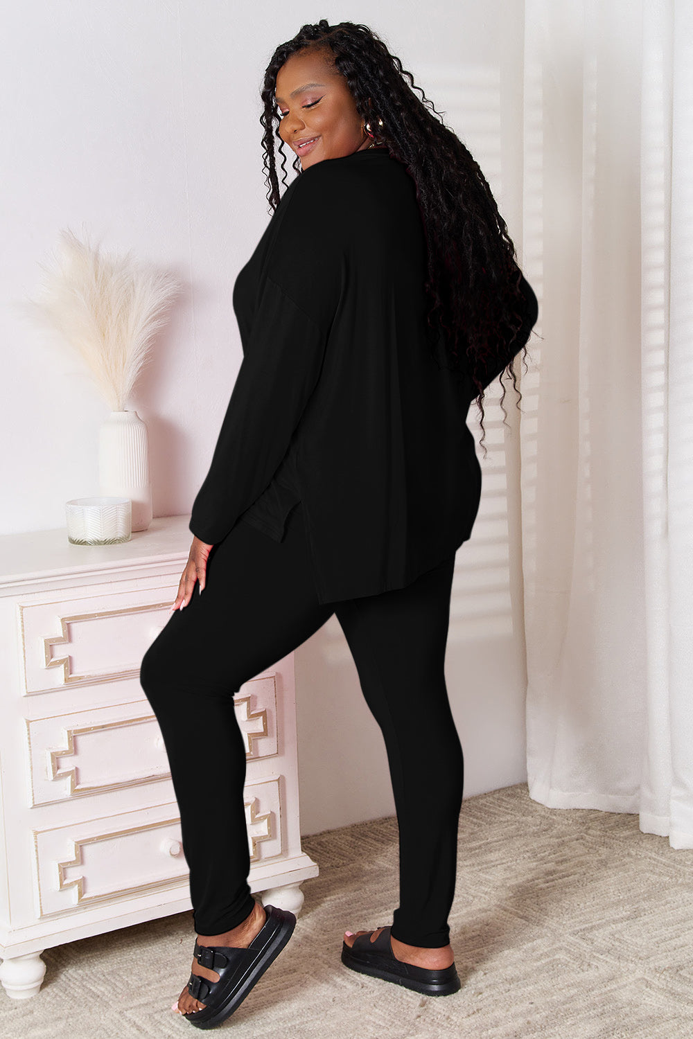 Basic Bae Bamboo Full Size V-Neck Long Sleeve Top and Pants Lounge Set - Tote and Lounge