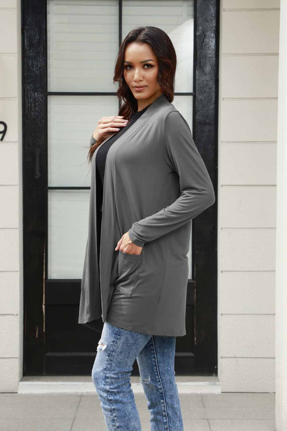 Basic Bae Full Size Open Front Long Sleeve Cardigan with Pockets - Tote and Lounge