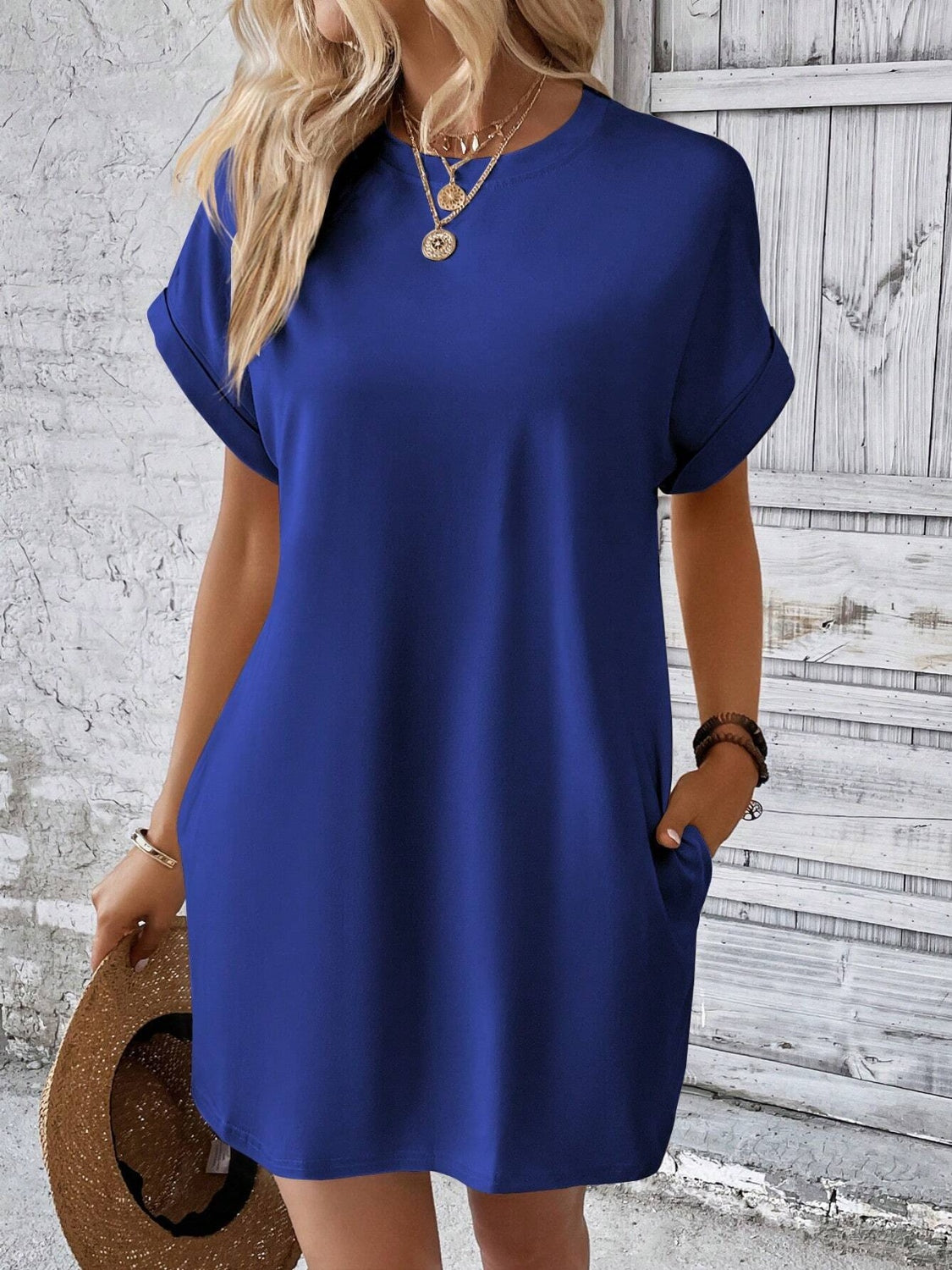 Round Neck Short Sleeve Mini Dress - Tote and Lounge