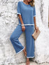 Contrast Trim Round Neck Top and Pants Set - Tote and Lounge
