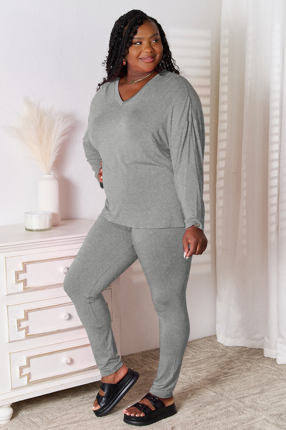 Basic Bae Bamboo Full Size V-Neck Long Sleeve Top and Pants Lounge Set - Tote and Lounge