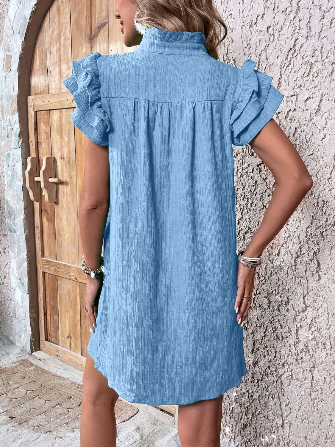 Ruffled Notched Cap Sleeve Mini Dress - Tote and Lounge